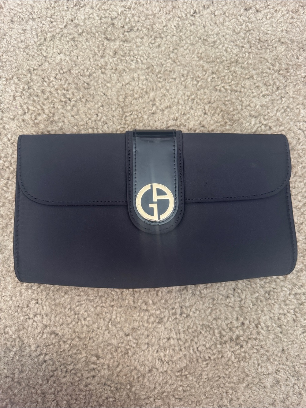 Giorgio Armani Black Satin Clutch with Gold Logo Accent